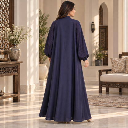 Naeem Boutique Navy Blue Embellished Abaya for Women – Elegant 200-Inch Flair Full-Length Modest Dress with Statement Balloon Sleeves