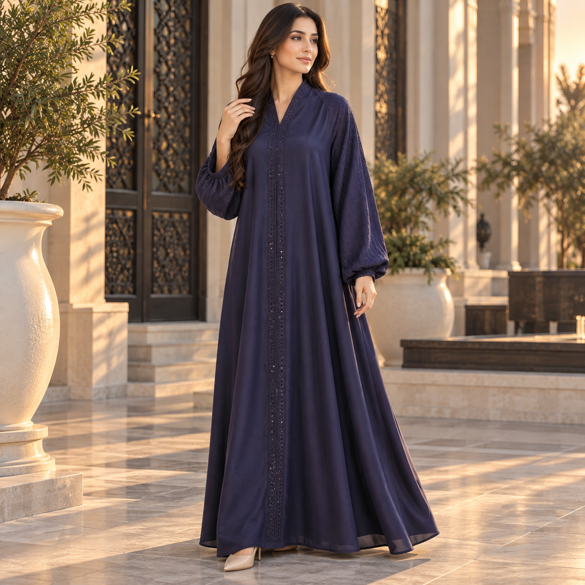 Naeem Boutique Navy Blue Embellished Abaya for Women – Elegant 200-Inch Flair Full-Length Modest Dress with Statement Balloon Sleeves