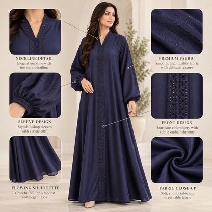 Naeem Boutique Navy Blue Embellished Abaya for Women – Elegant 200-Inch Flair Full-Length Modest Dress with Statement Balloon Sleeves