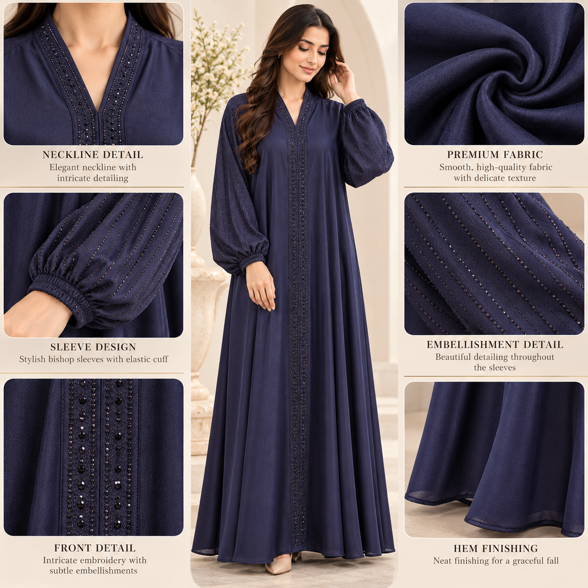 Naeem Boutique Navy Blue Embellished Abaya for Women – Elegant 200-Inch Flair Full-Length Modest Dress with Statement Balloon Sleeves