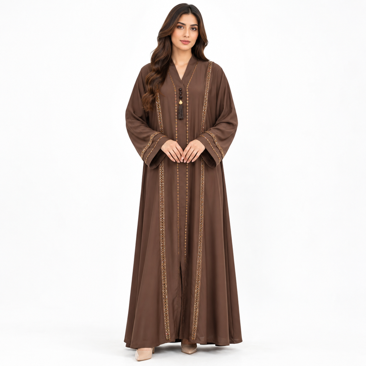 Naeem Boutique – Elegant Brown Embellished Abaya for Women | Front Open Modest Maxi Abaya with Wide Sleeves & Decorative Detailing