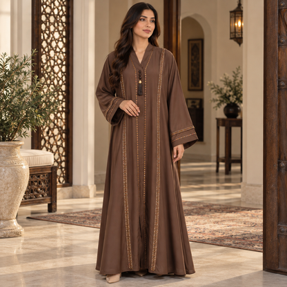Naeem Boutique – Elegant Brown Embellished Abaya for Women | Front Open Modest Maxi Abaya with Wide Sleeves & Decorative Detailing
