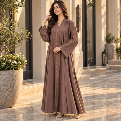 Naeem Boutique Mocha Brown Embellished Abaya for Women –200-Inch Flair Beaded Sleeve Full-Length Maxi Abaya, Elegant Modest Occasion Wear