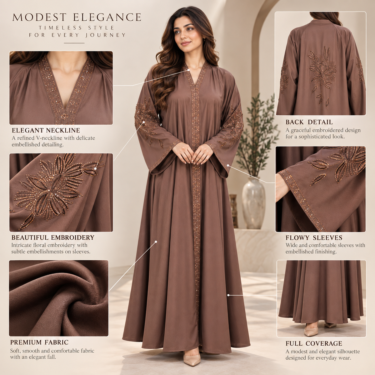 Naeem Boutique Mocha Brown Embellished Abaya for Women –200-Inch Flair Beaded Sleeve Full-Length Maxi Abaya, Elegant Modest Occasion Wear