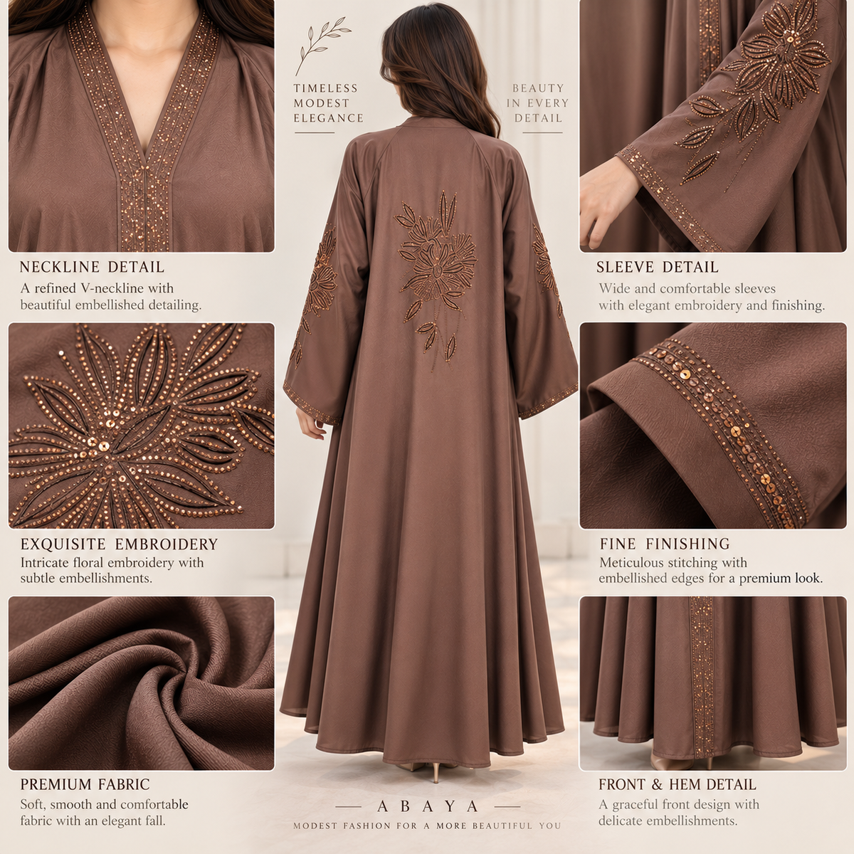 Naeem Boutique Mocha Brown Embellished Abaya for Women –200-Inch Flair Beaded Sleeve Full-Length Maxi Abaya, Elegant Modest Occasion Wear