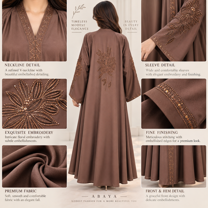 Naeem Boutique Mocha Brown Embellished Abaya for Women –200-Inch Flair Beaded Sleeve Full-Length Maxi Abaya, Elegant Modest Occasion Wear