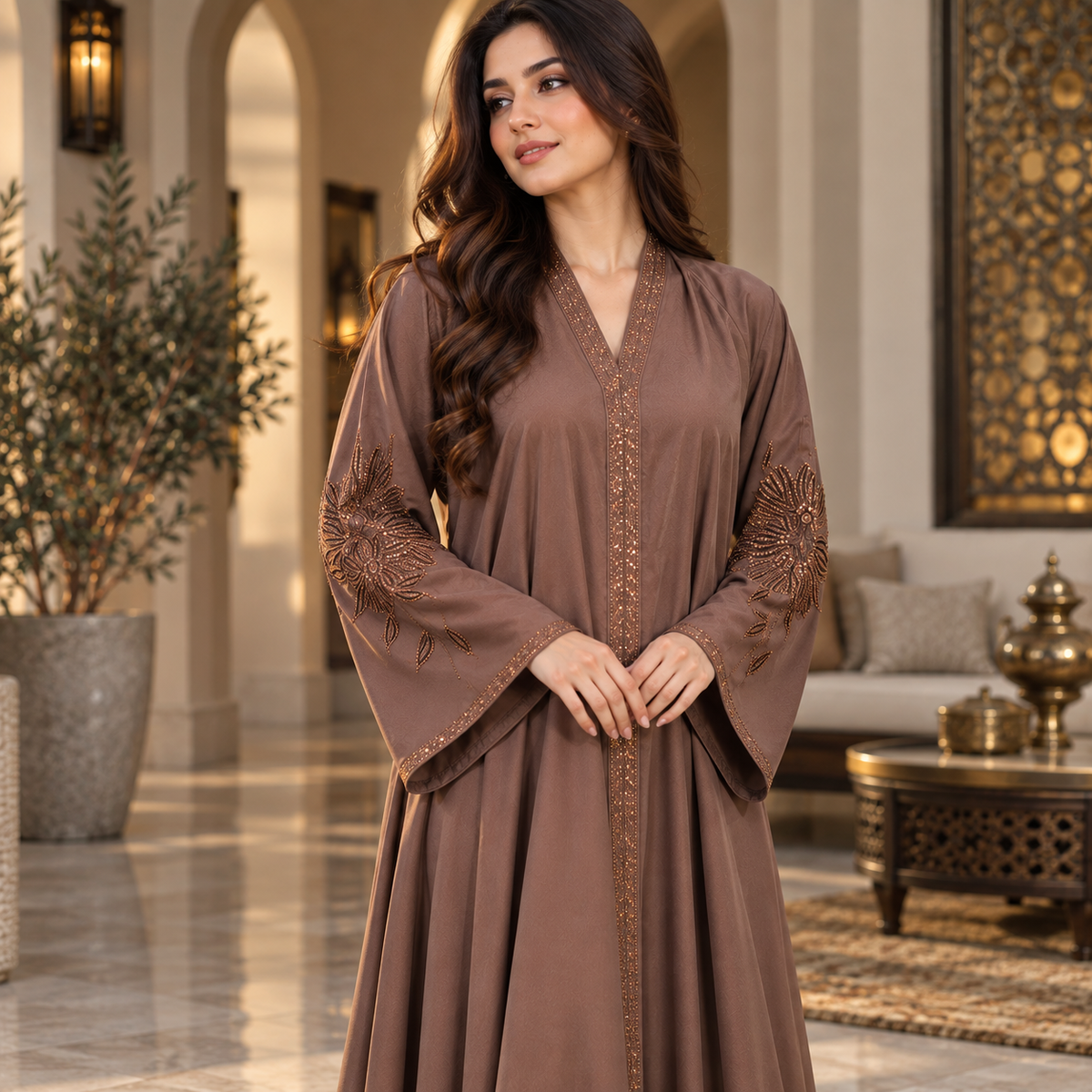 Naeem Boutique Mocha Brown Embellished Abaya for Women –200-Inch Flair Beaded Sleeve Full-Length Maxi Abaya, Elegant Modest Occasion Wear