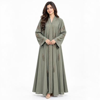 Naeem Boutique Sage Green Embellished Abaya for Women – Luxury Leaf Detail Full-Length Maxi Abaya with Wide Sleeves for Occasion Wear