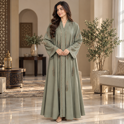 Naeem Boutique Sage Green Embellished Abaya for Women – Luxury Leaf Detail Full-Length Maxi Abaya with Wide Sleeves for Occasion Wear
