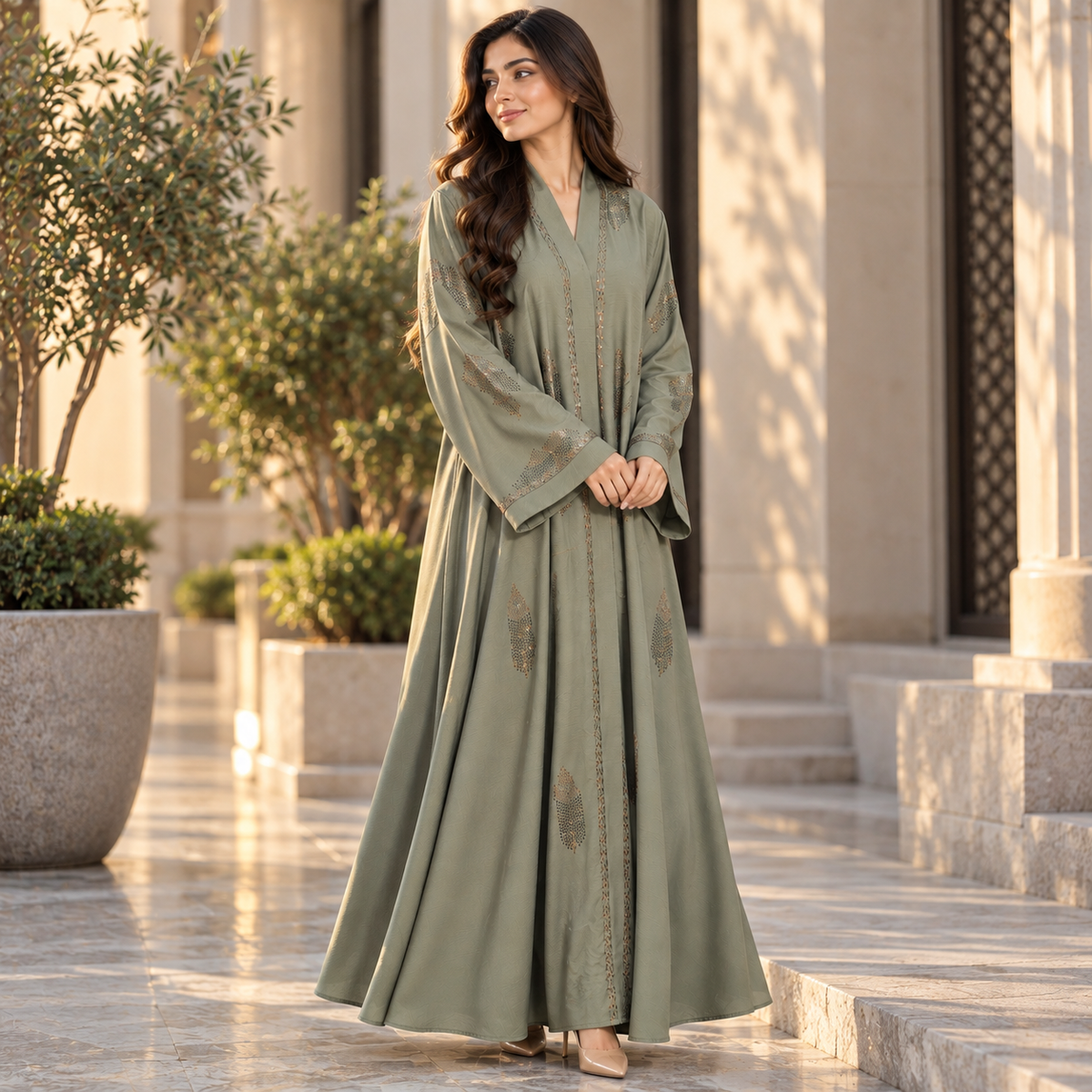 Naeem Boutique Sage Green Embellished Abaya for Women – Luxury Leaf Detail Full-Length Maxi Abaya with Wide Sleeves for Occasion Wear