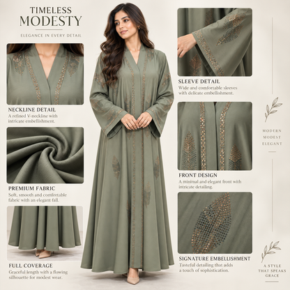 Naeem Boutique Sage Green Embellished Abaya for Women – Luxury Leaf Detail Full-Length Maxi Abaya with Wide Sleeves for Occasion Wear