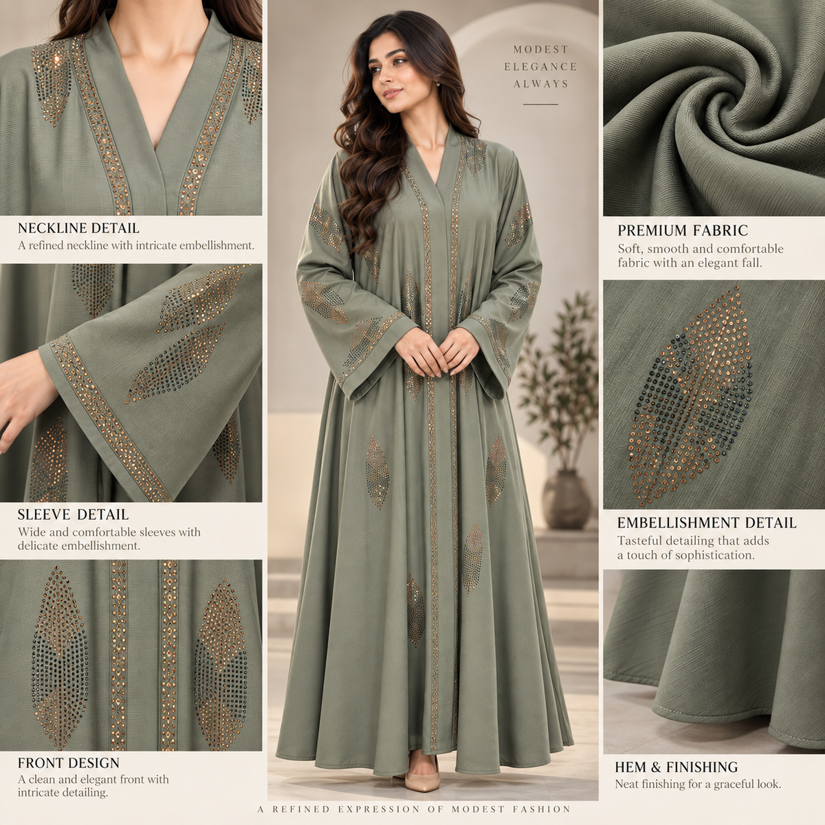 Naeem Boutique Sage Green Embellished Abaya for Women – Luxury Leaf Detail Full-Length Maxi Abaya with Wide Sleeves for Occasion Wear
