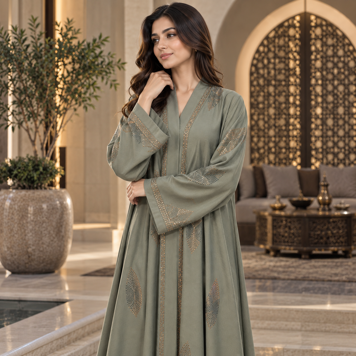 Naeem Boutique Sage Green Embellished Abaya for Women – Luxury Leaf Detail Full-Length Maxi Abaya with Wide Sleeves for Occasion Wear