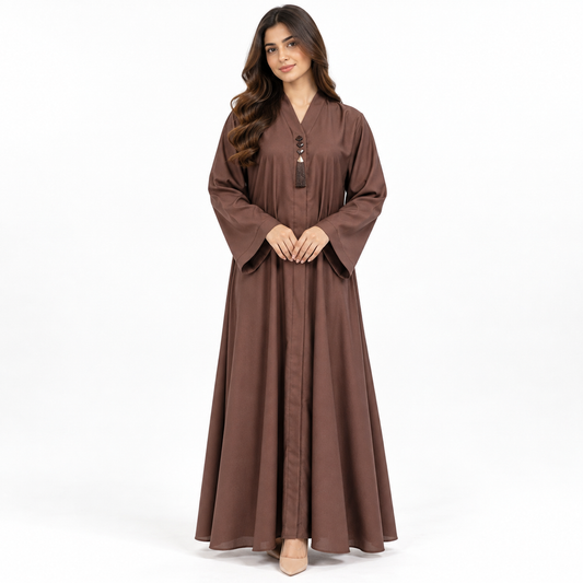 Naeem Boutique Cocoa Brown Abaya for Women – Elegant Tassel Neck Full-Length Maxi Abaya with Wide Sleeves, Premium Modest Islamic Wear