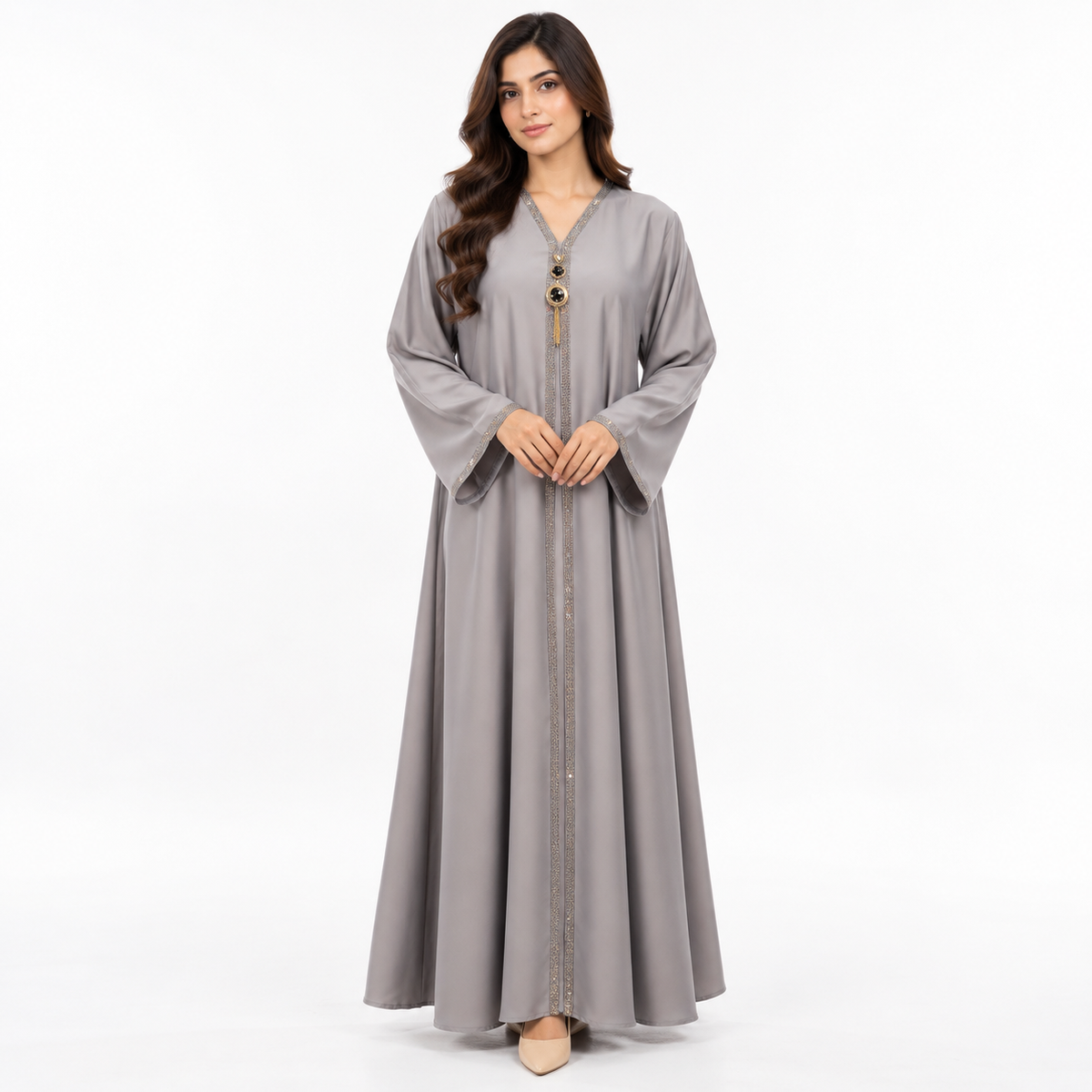 Naeem Boutique Pearl Grey Abaya for Women – Luxury Gold Trim Full-Length Maxi Abaya with Pendant Detail & Wide Sleeves for Occasion Wear