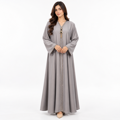 Naeem Boutique Pearl Grey Abaya for Women – Luxury Gold Trim Full-Length Maxi Abaya with Pendant Detail & Wide Sleeves for Occasion Wear
