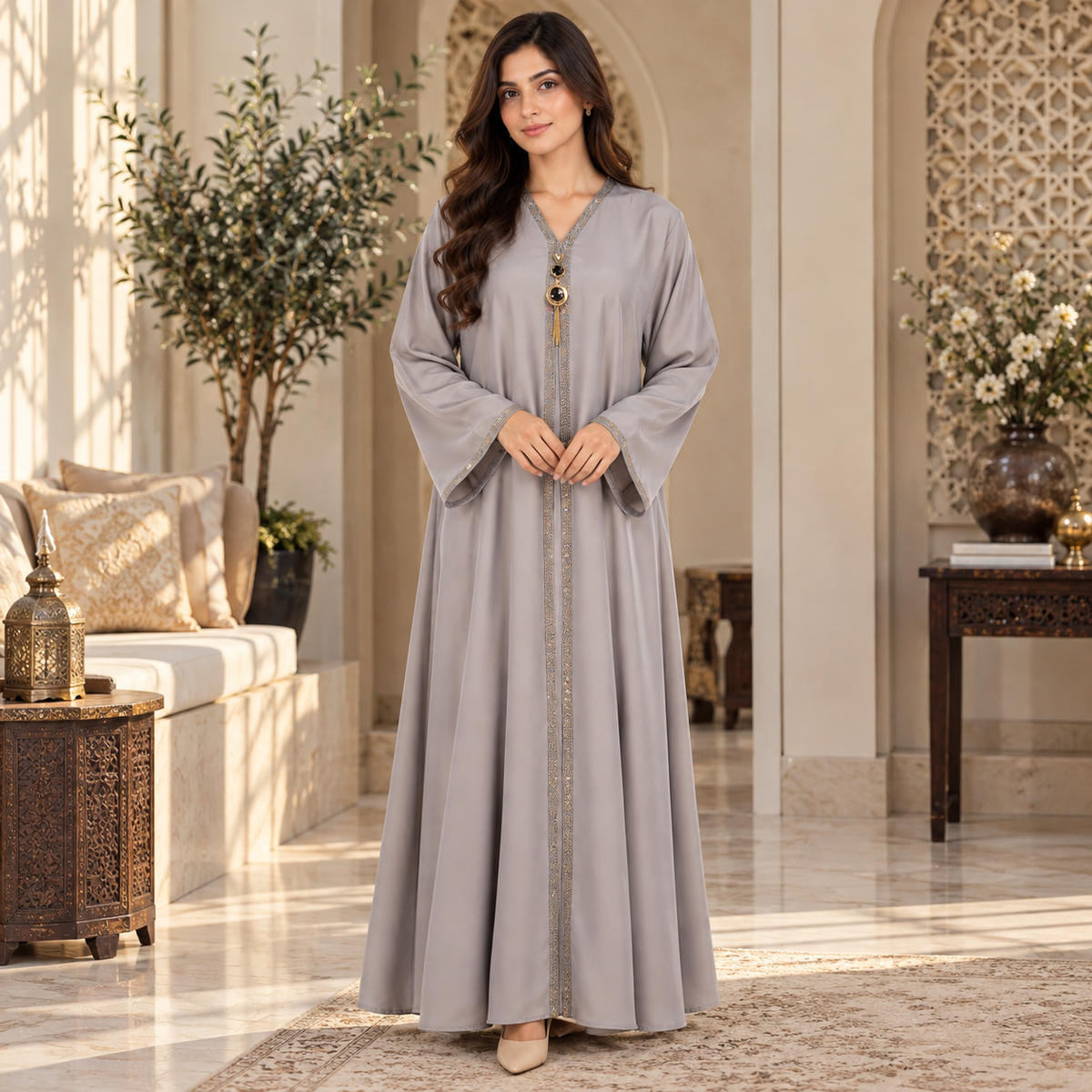 Naeem Boutique Pearl Grey Abaya for Women – Luxury Gold Trim Full-Length Maxi Abaya with Pendant Detail & Wide Sleeves for Occasion Wear
