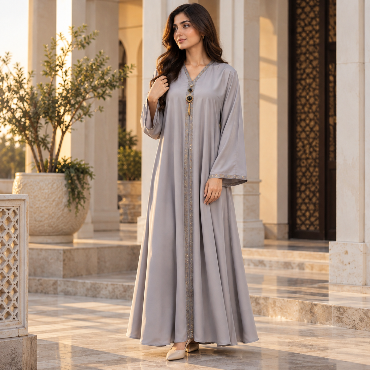 Naeem Boutique Pearl Grey Abaya for Women – Luxury Gold Trim Full-Length Maxi Abaya with Pendant Detail & Wide Sleeves for Occasion Wear