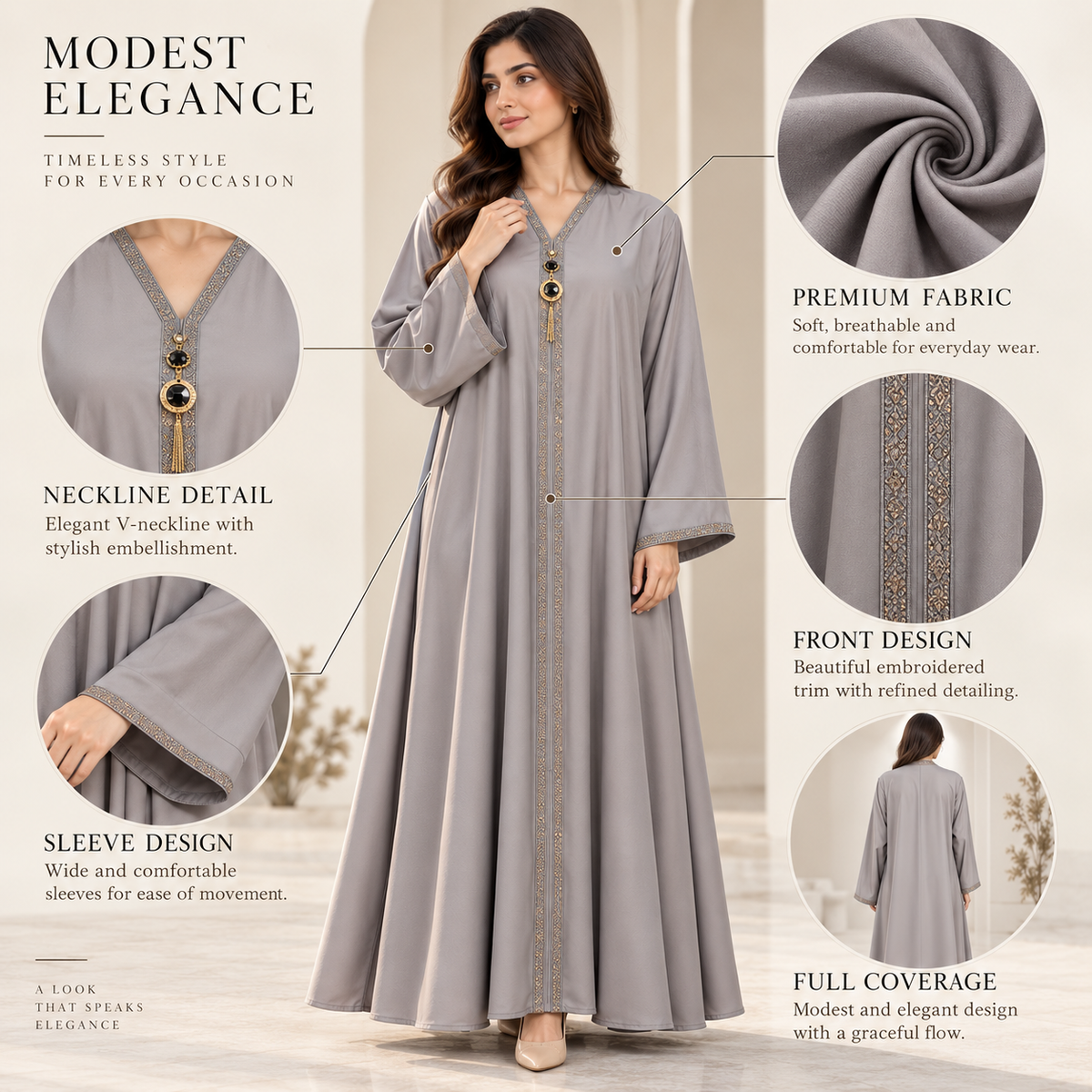 Naeem Boutique Pearl Grey Abaya for Women – Luxury Gold Trim Full-Length Maxi Abaya with Pendant Detail & Wide Sleeves for Occasion Wear