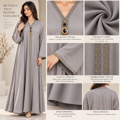 Naeem Boutique Pearl Grey Abaya for Women – Luxury Gold Trim Full-Length Maxi Abaya with Pendant Detail & Wide Sleeves for Occasion Wear