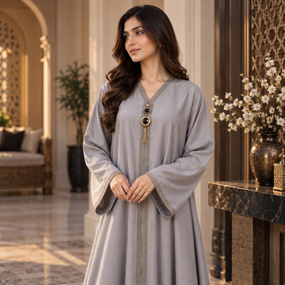 Naeem Boutique Pearl Grey Abaya for Women – Luxury Gold Trim Full-Length Maxi Abaya with Pendant Detail & Wide Sleeves for Occasion Wear