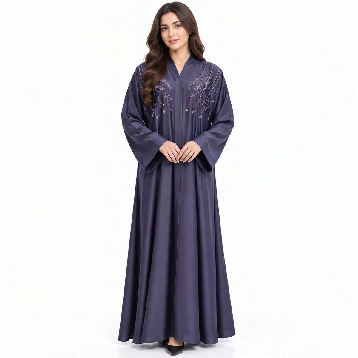 Naeem Boutique Navy Blue Embroidered Abaya for Women – Elegant Floral Detail Full-Length Maxi Abaya with Wide Sleeves, Luxury Modest Wear