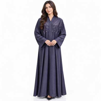 Naeem Boutique Navy Blue Embroidered Abaya for Women – Elegant Floral Detail Full-Length Maxi Abaya with Wide Sleeves, Luxury Modest Wear