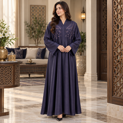 Naeem Boutique Navy Blue Embroidered Abaya for Women – Elegant Floral Detail Full-Length Maxi Abaya with Wide Sleeves, Luxury Modest Wear