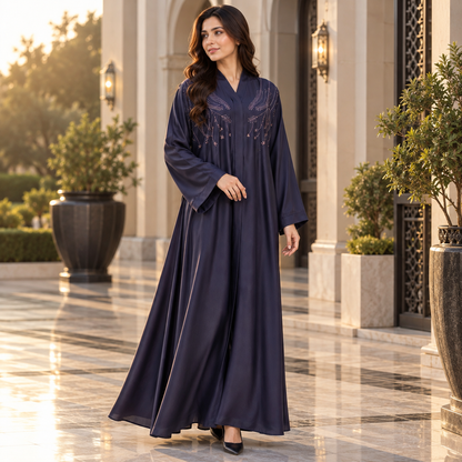 Naeem Boutique Navy Blue Embroidered Abaya for Women – Elegant Floral Detail Full-Length Maxi Abaya with Wide Sleeves, Luxury Modest Wear