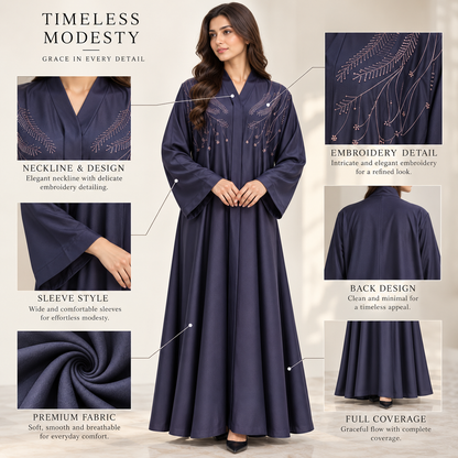 Naeem Boutique Navy Blue Embroidered Abaya for Women – Elegant Floral Detail Full-Length Maxi Abaya with Wide Sleeves, Luxury Modest Wear