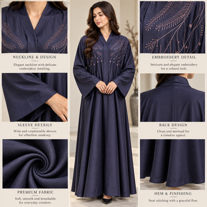 Naeem Boutique Navy Blue Embroidered Abaya for Women – Elegant Floral Detail Full-Length Maxi Abaya with Wide Sleeves, Luxury Modest Wear
