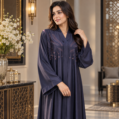 Naeem Boutique Navy Blue Embroidered Abaya for Women – Elegant Floral Detail Full-Length Maxi Abaya with Wide Sleeves, Luxury Modest Wear