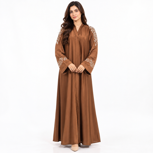 Naeem Boutique Caramel Brown Embroidered Abaya for Women – Elegant Floral Shoulder Detail Full-Length Maxi Abaya with Wide Sleeves, Modest Wear