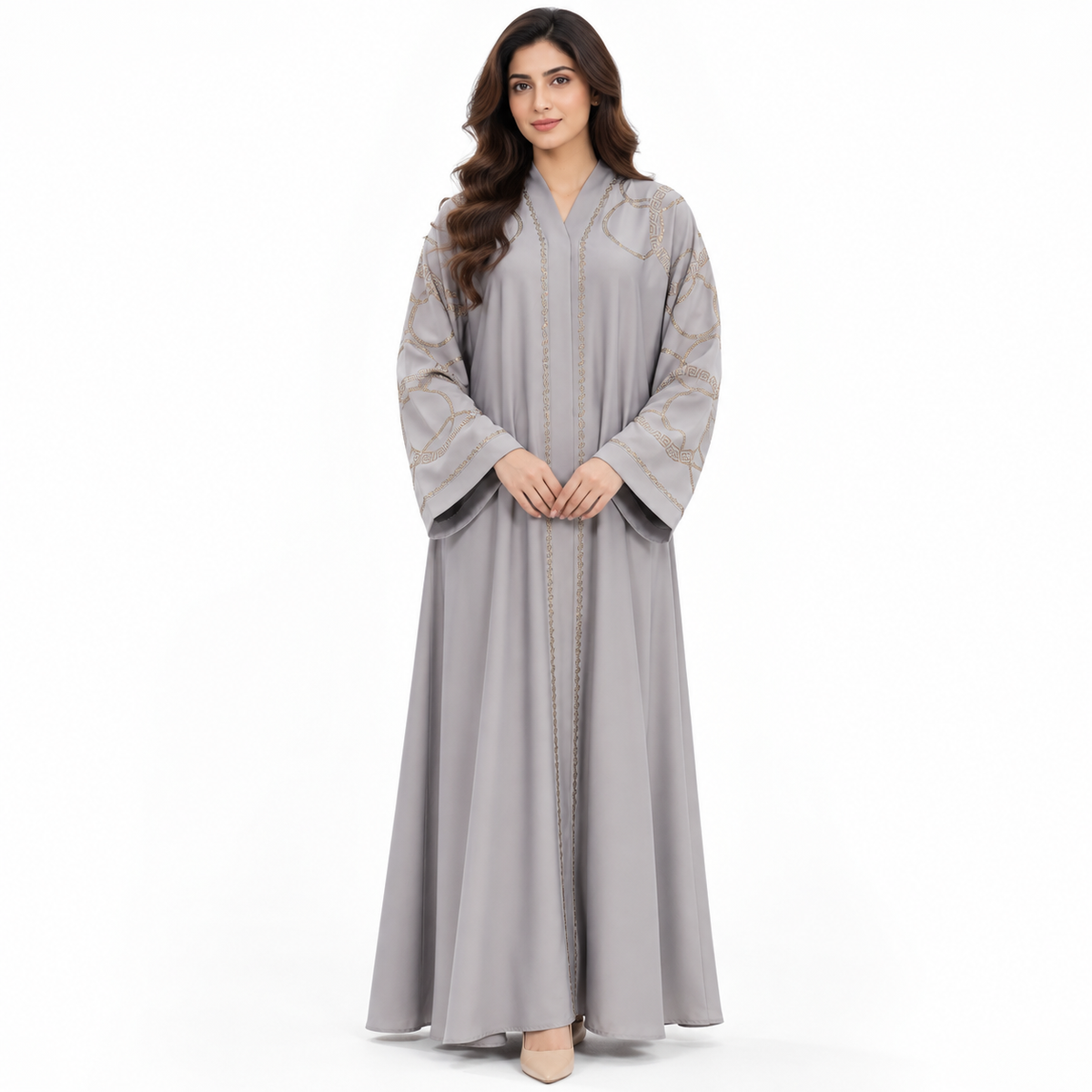 Naeem Boutique Pearl Embroidered Abaya for Women – Geometric Detail, 33-Inch Chest Full-Length Maxi Abaya with Wide Sleeves, Modest Wear