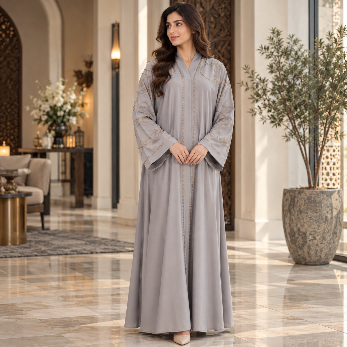 Naeem Boutique Pearl Embroidered Abaya for Women – Geometric Detail, 33-Inch Chest Full-Length Maxi Abaya with Wide Sleeves, Modest Wear