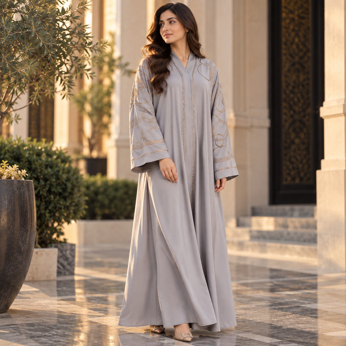 Naeem Boutique Pearl Embroidered Abaya for Women – Geometric Detail, 33-Inch Chest Full-Length Maxi Abaya with Wide Sleeves, Modest Wear