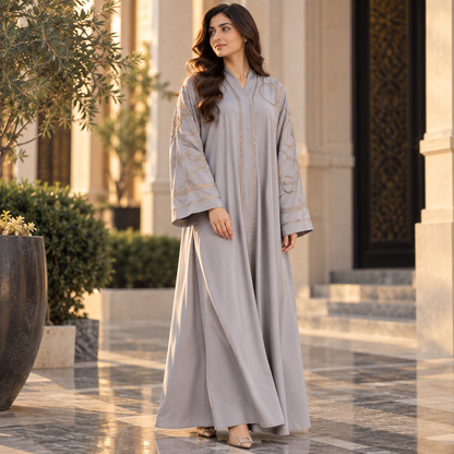 Naeem Boutique Pearl Embroidered Abaya for Women – Geometric Detail, 33-Inch Chest Full-Length Maxi Abaya with Wide Sleeves, Modest Wear