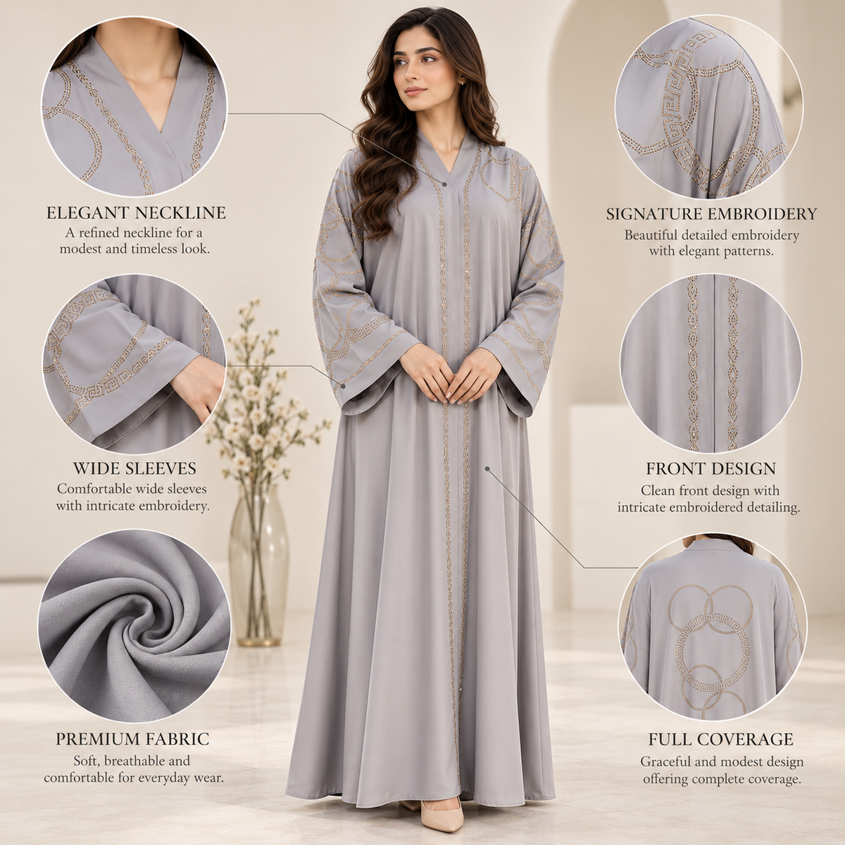 Naeem Boutique Pearl Embroidered Abaya for Women – Geometric Detail, 33-Inch Chest Full-Length Maxi Abaya with Wide Sleeves, Modest Wear