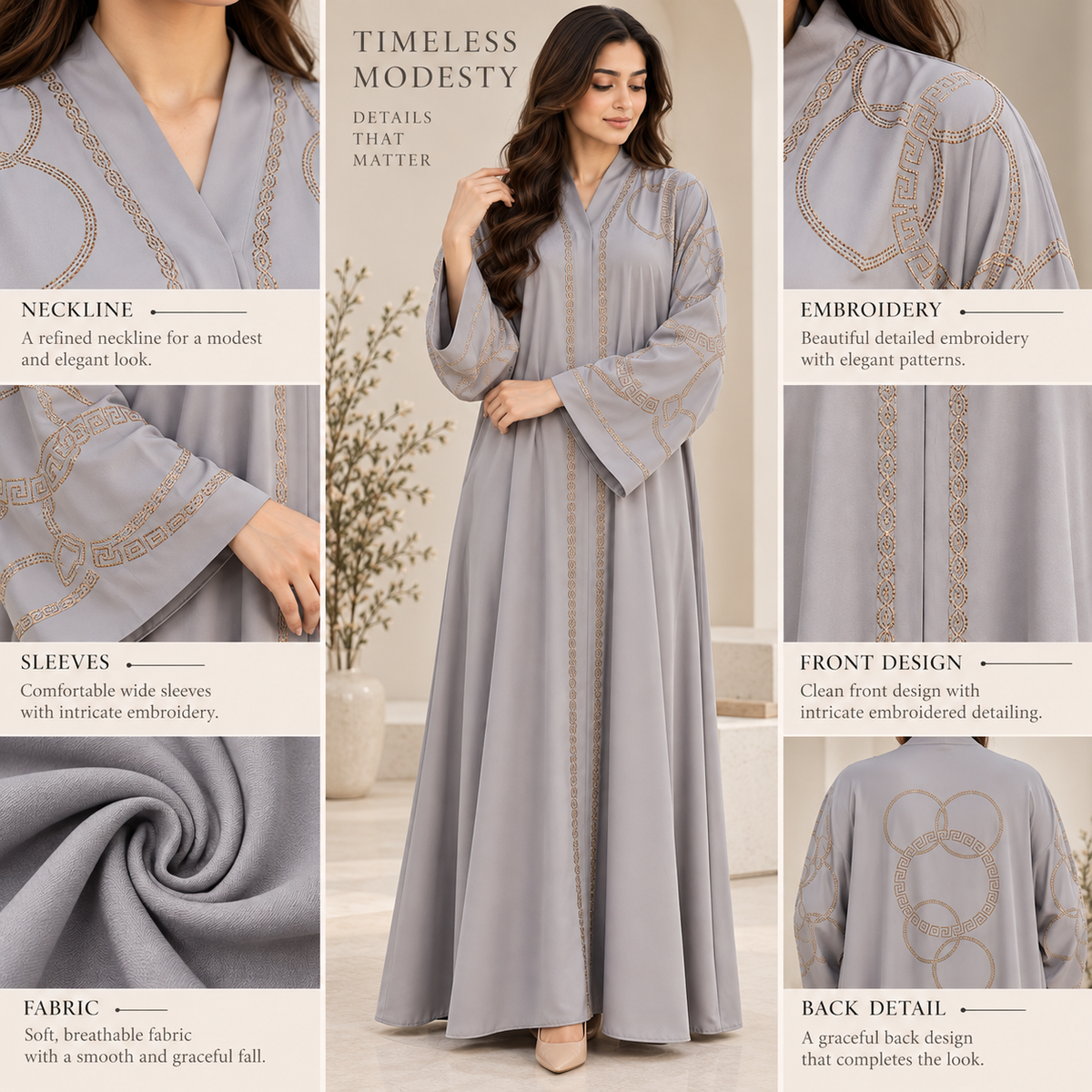 Naeem Boutique Pearl Embroidered Abaya for Women – Geometric Detail, 33-Inch Chest Full-Length Maxi Abaya with Wide Sleeves, Modest Wear