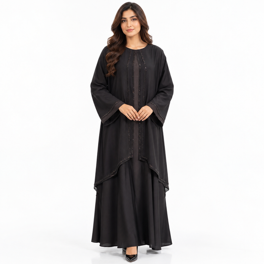 Naeem Boutique Black Layered Abaya for Women – Elegant Embellished Front Full-Length Maxi Abaya with Wide Sleeves, Luxury Modest Occasion Wear