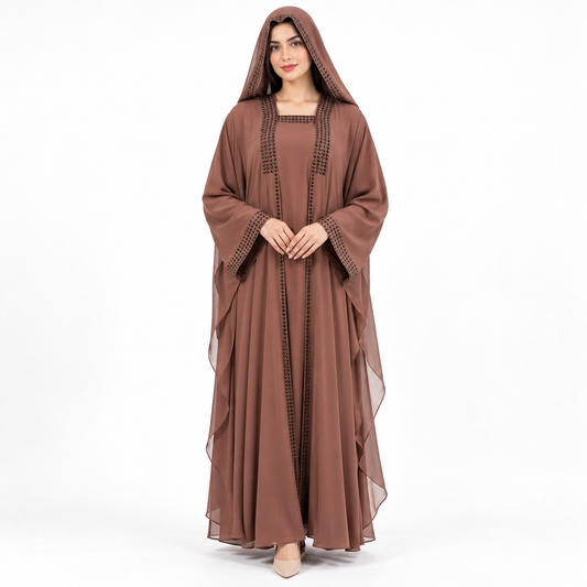 Naeem Boutique Mocha Brown Kaftan Abaya for Women – Luxury Beaded Full-Length Abaya with Matching Headscarf, Elegant Modest Occasion Wear