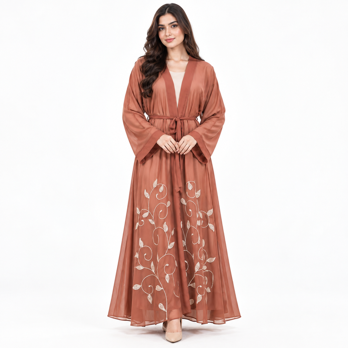 Naeem Boutique Terracotta Embroidered Open Abaya for Women – Elegant Belted Full-Length Maxi Abaya with Floral Detail & Wide Sleeves