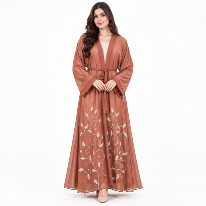 Naeem Boutique Terracotta Embroidered Open Abaya for Women – Elegant Belted Full-Length Maxi Abaya with Floral Detail & Wide Sleeves
