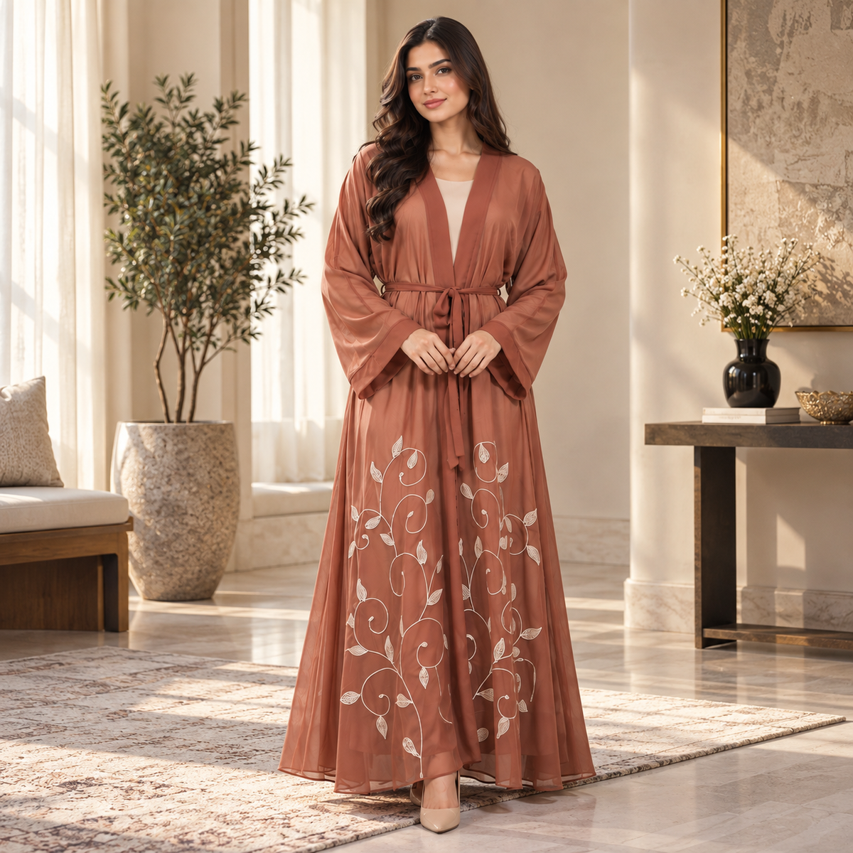 Naeem Boutique Terracotta Embroidered Open Abaya for Women – Elegant Belted Full-Length Maxi Abaya with Floral Detail & Wide Sleeves
