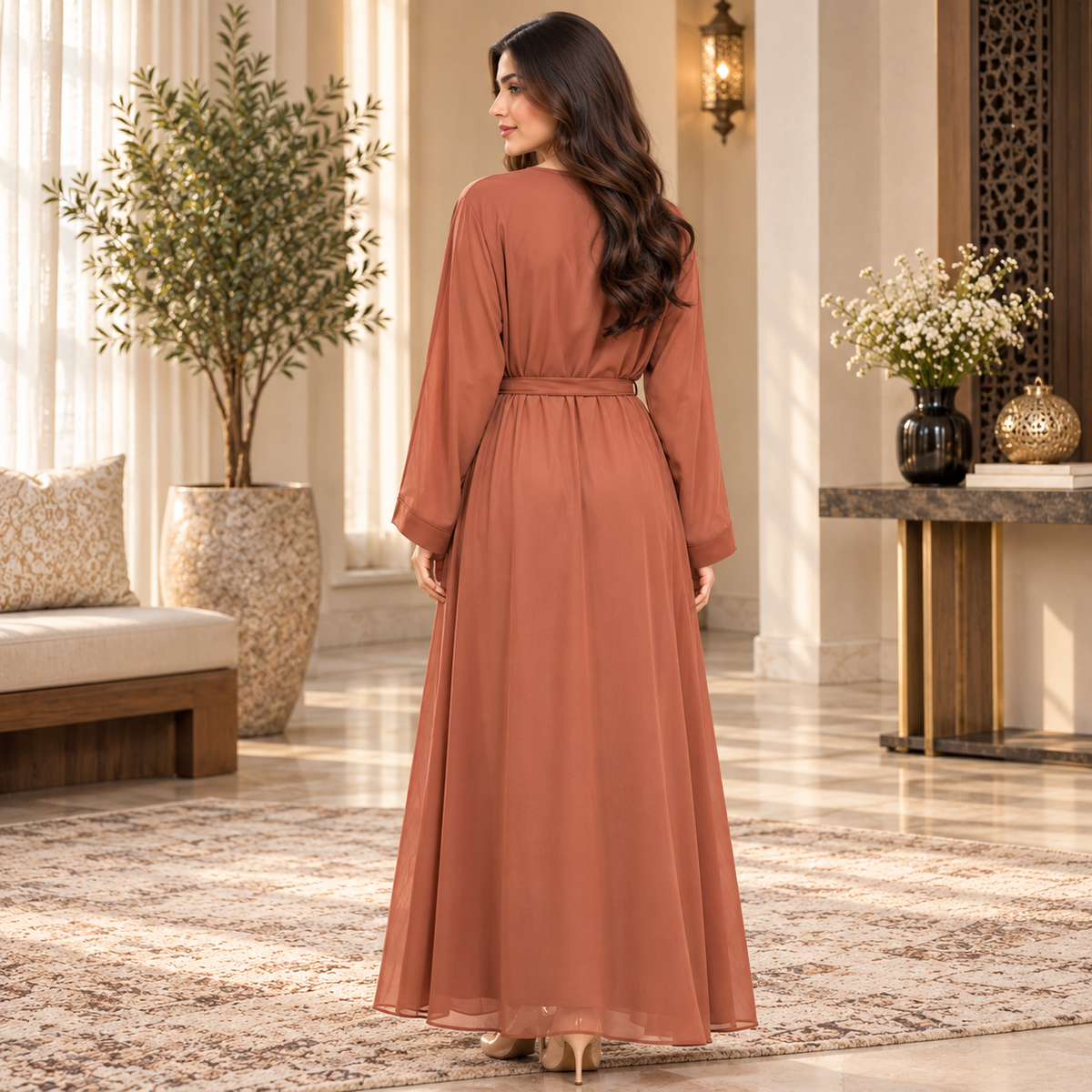Naeem Boutique Terracotta Embroidered Open Abaya for Women – Elegant Belted Full-Length Maxi Abaya with Floral Detail & Wide Sleeves