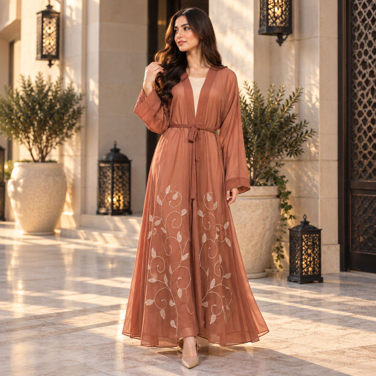 Naeem Boutique Terracotta Embroidered Open Abaya for Women – Elegant Belted Full-Length Maxi Abaya with Floral Detail & Wide Sleeves