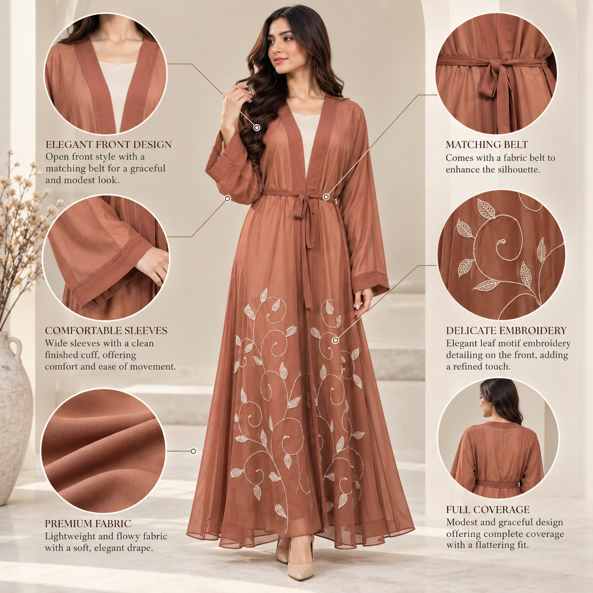 Naeem Boutique Terracotta Embroidered Open Abaya for Women – Elegant Belted Full-Length Maxi Abaya with Floral Detail & Wide Sleeves