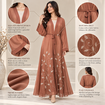 Naeem Boutique Terracotta Embroidered Open Abaya for Women – Elegant Belted Full-Length Maxi Abaya with Floral Detail & Wide Sleeves