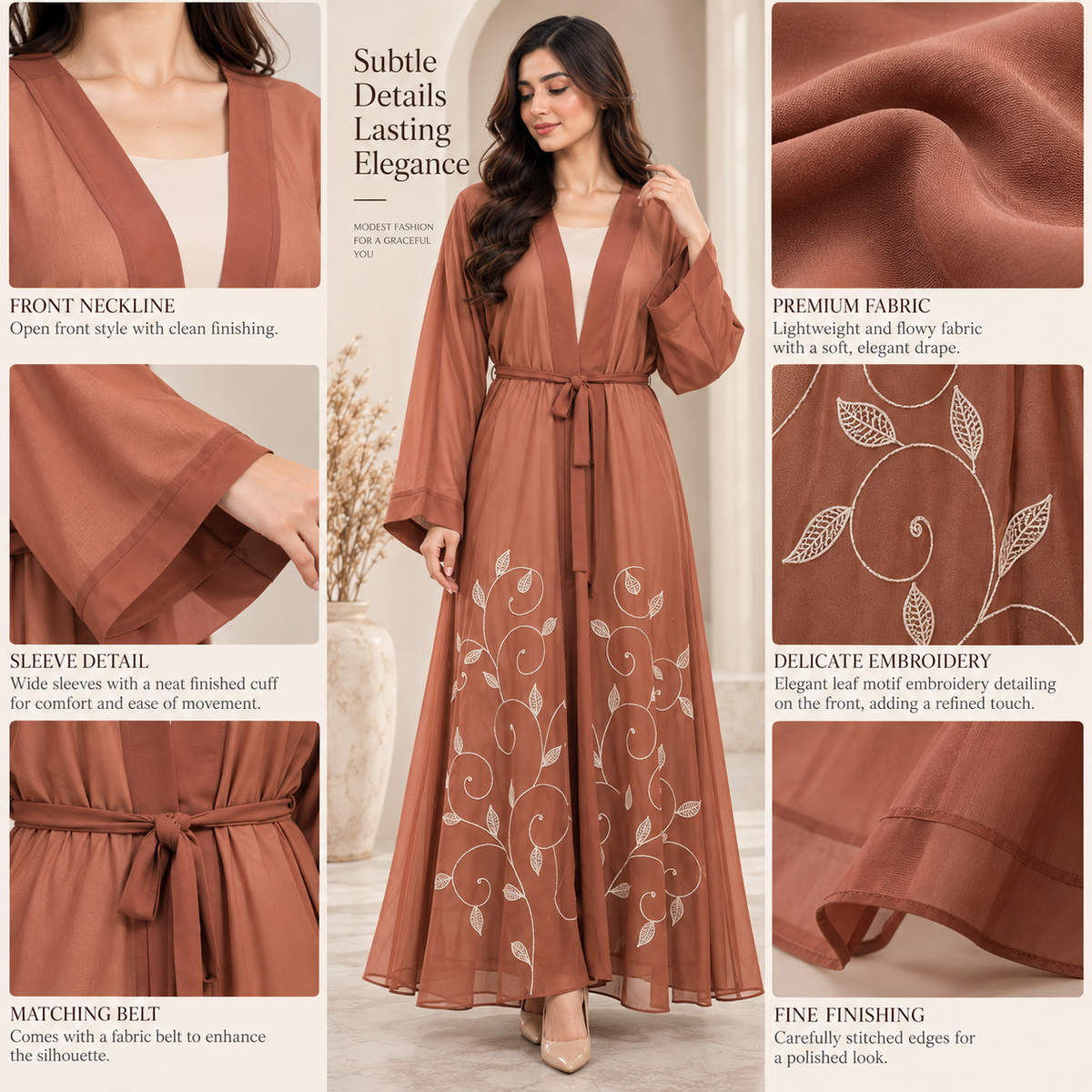 Naeem Boutique Terracotta Embroidered Open Abaya for Women – Elegant Belted Full-Length Maxi Abaya with Floral Detail & Wide Sleeves