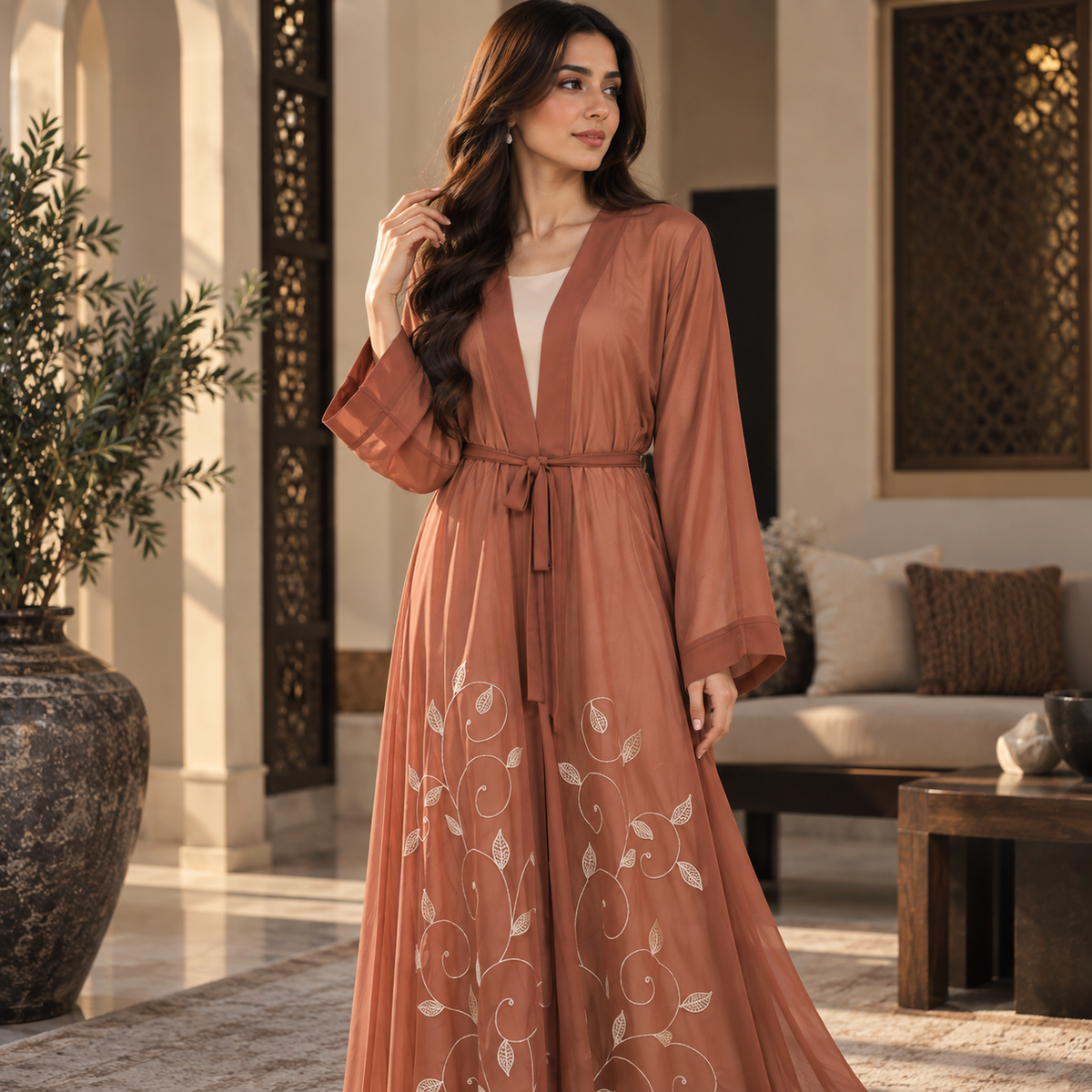 Naeem Boutique Terracotta Embroidered Open Abaya for Women – Elegant Belted Full-Length Maxi Abaya with Floral Detail & Wide Sleeves